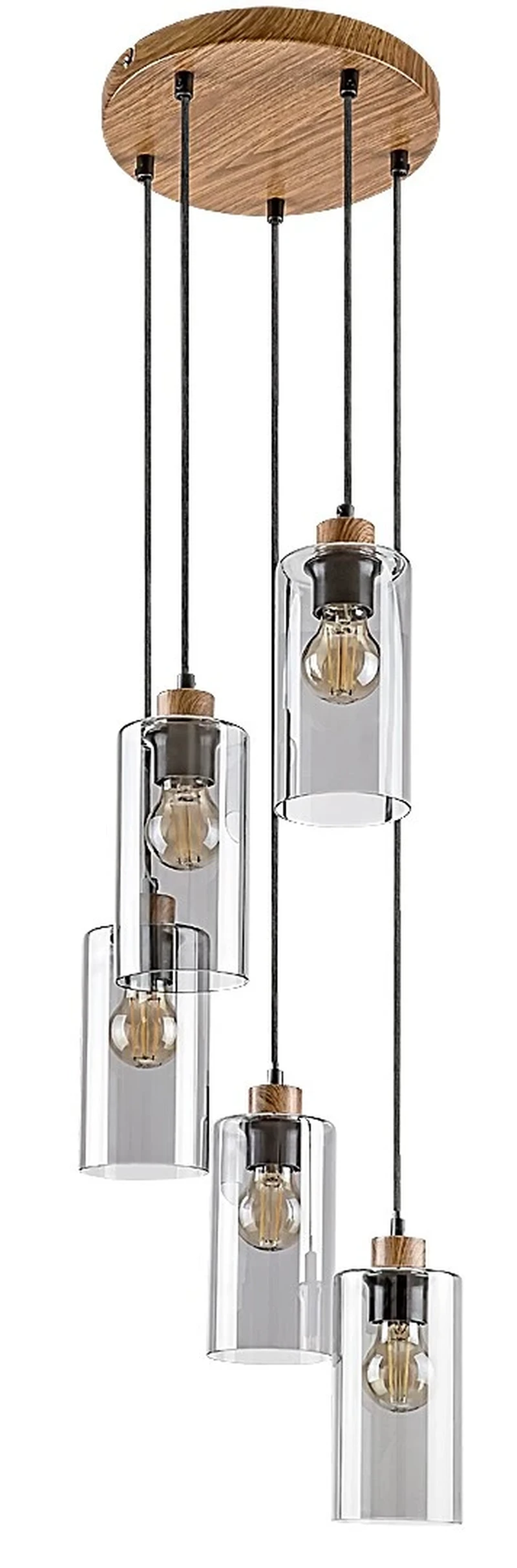 Tanno – modern pendant with 5 lampholders in oak with tinted glass, Ø100mm, 5×E27