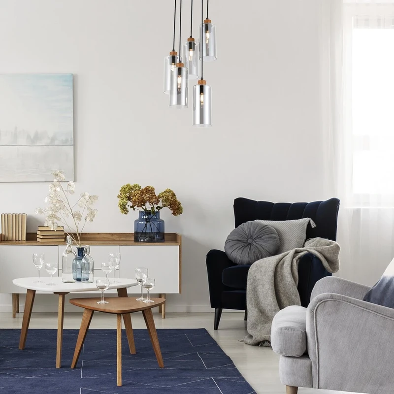 Tanno – modern pendant with 5 lampholders in oak with tinted glass, Ø100mm, 5×E27