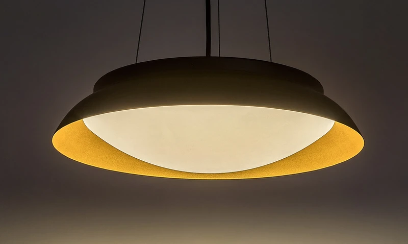 Hafsa – LED pendant in black/gold with white shade, Ø400mm, 24W, 3000K