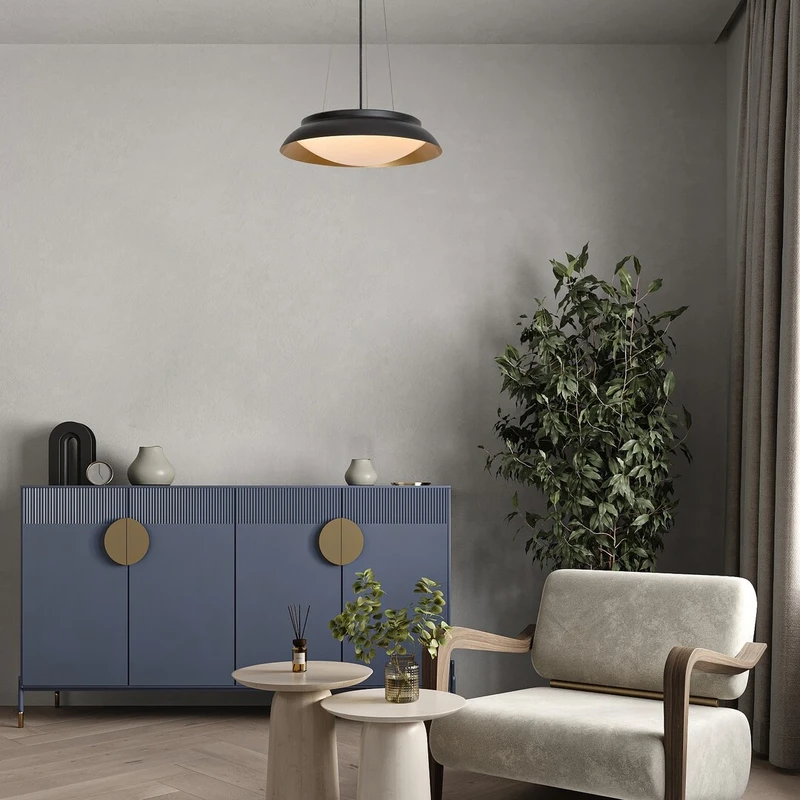 Hafsa – LED pendant in black/gold with white shade, Ø400mm, 24W, 3000K