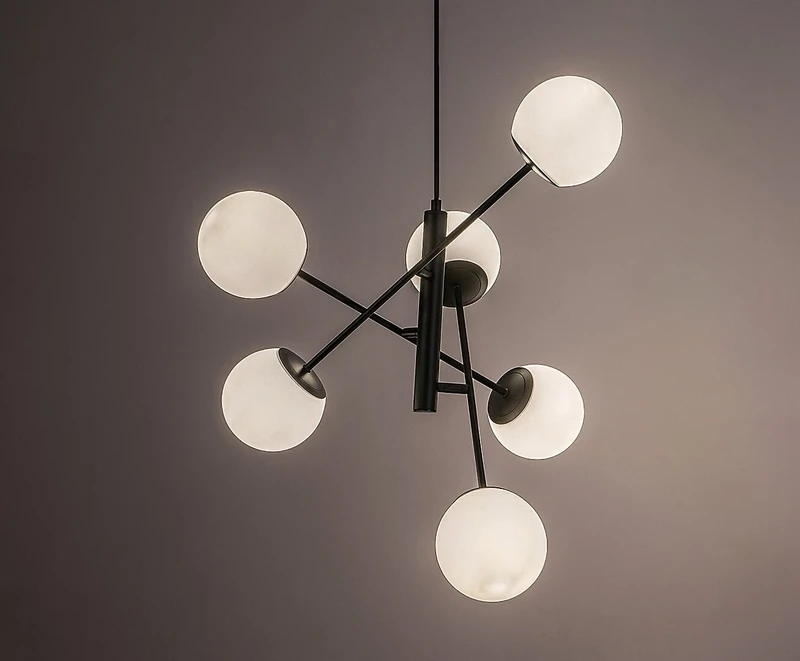 Meduza – Scandinavian pendant in black matt with white glass, Ø130mm, 6×E14
