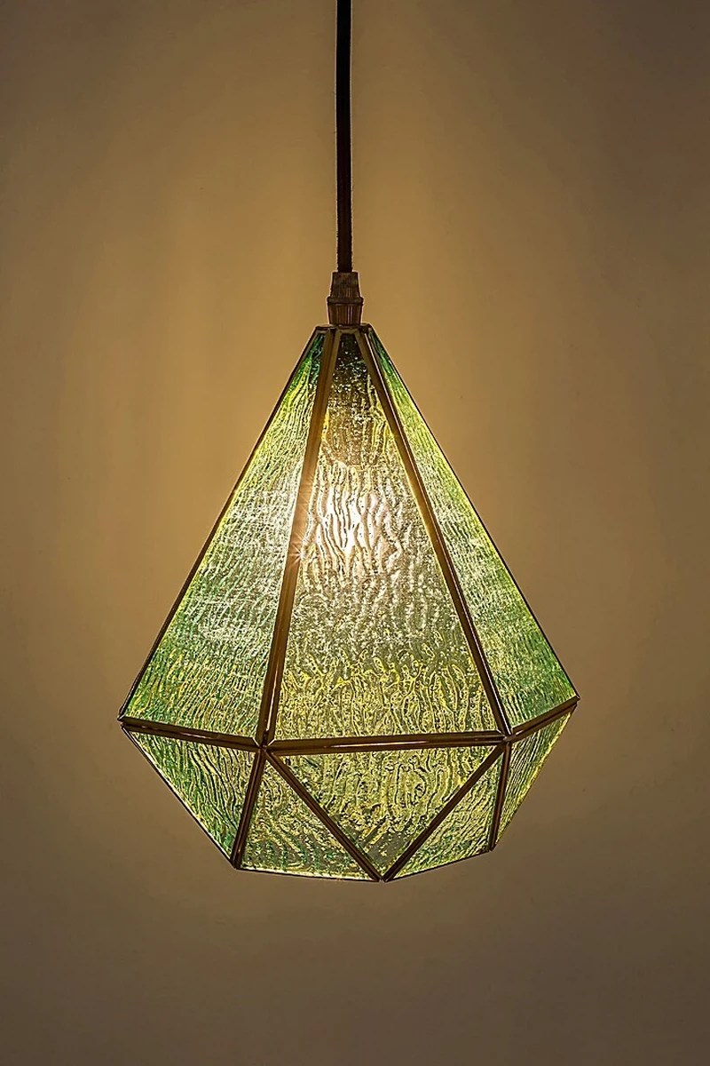 Norah – vintage pendant in gold with blue glass, Ø210mm, 1×E14
