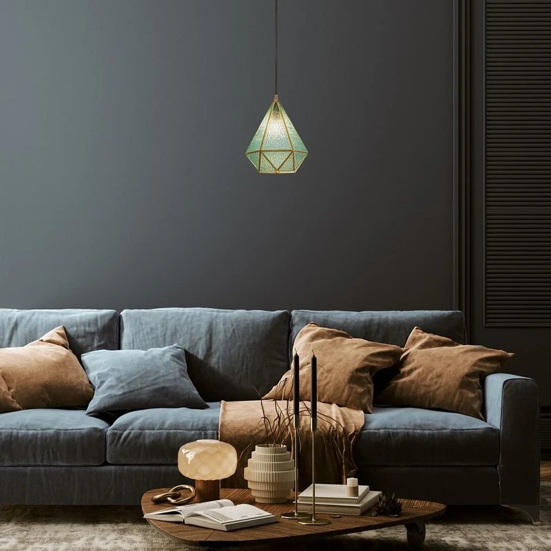 Norah – vintage pendant in gold with blue glass, Ø210mm, 1×E14