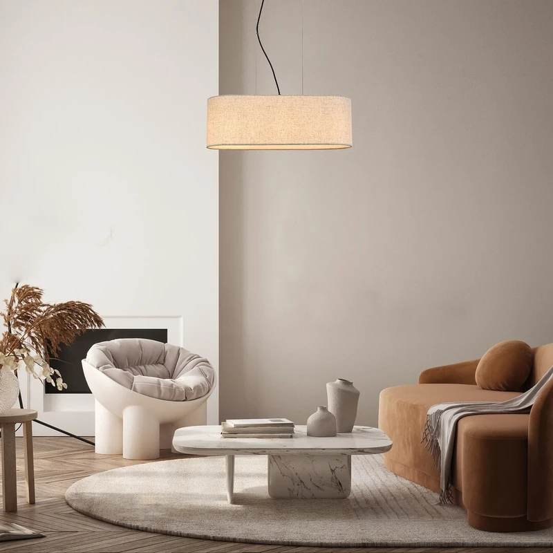 Narmin – fabric pendant in black matt with beige shade, Ø600mm, 3×E27
