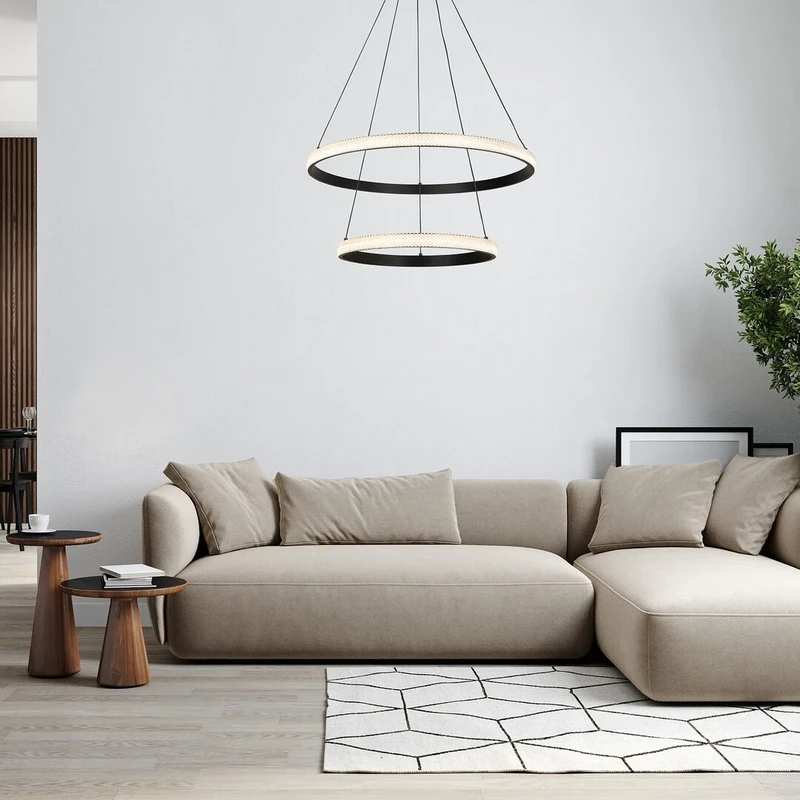 Grete – LED пендел с два ринга в черно/бяло, Ø600мм, 60W, 3000K