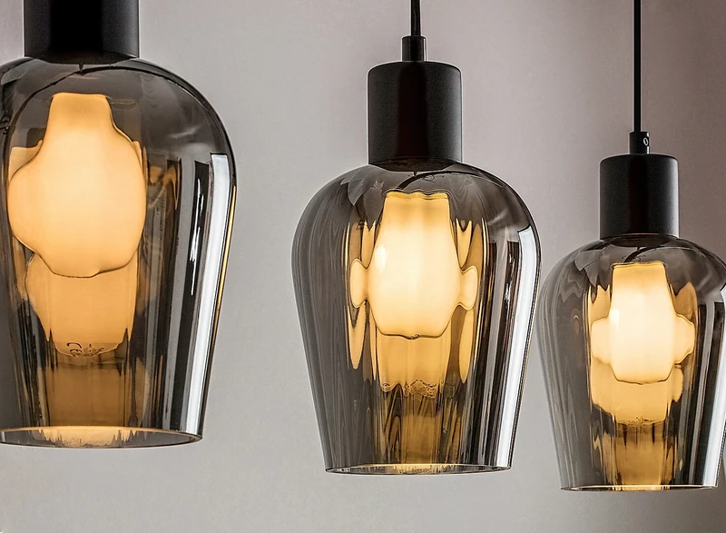 Florian – vintage pendant in black matt with tinted glass, 950mm, 4×E27