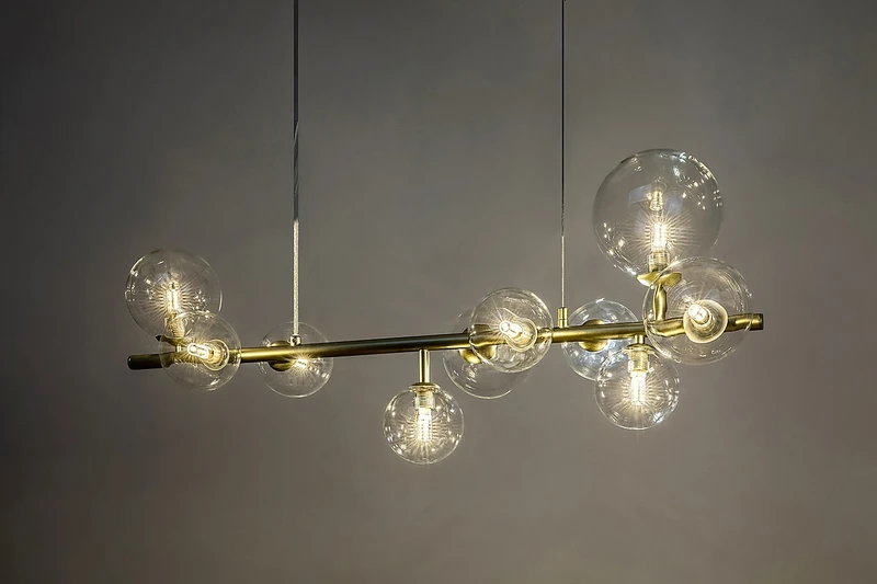 Aslov – модерен LED пендел в златисто с 10 стъклени сфери, 800мм, 10×G9