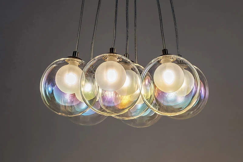 Rosehip – 7-arm pendant in colour champagne with coloured glass, Ø450mm, 7×G9