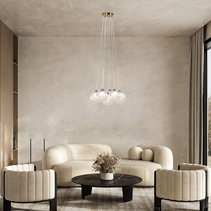Rosehip – 7-arm pendant in colour champagne with coloured glass, Ø450mm, 7×G9