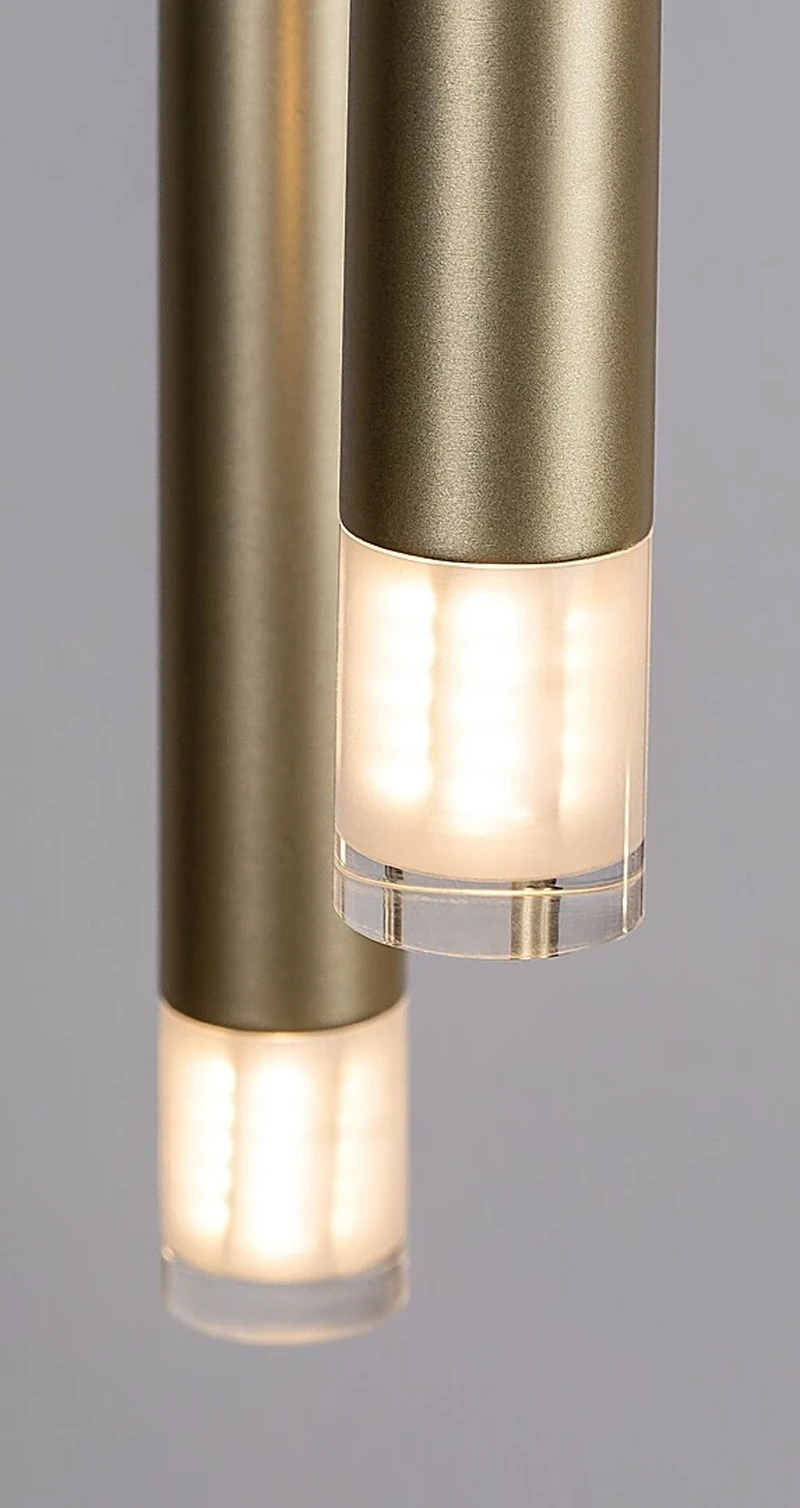 Ramira – модерен LED пендел в златно с прозрачен акрил, Ø360мм, 5×G9