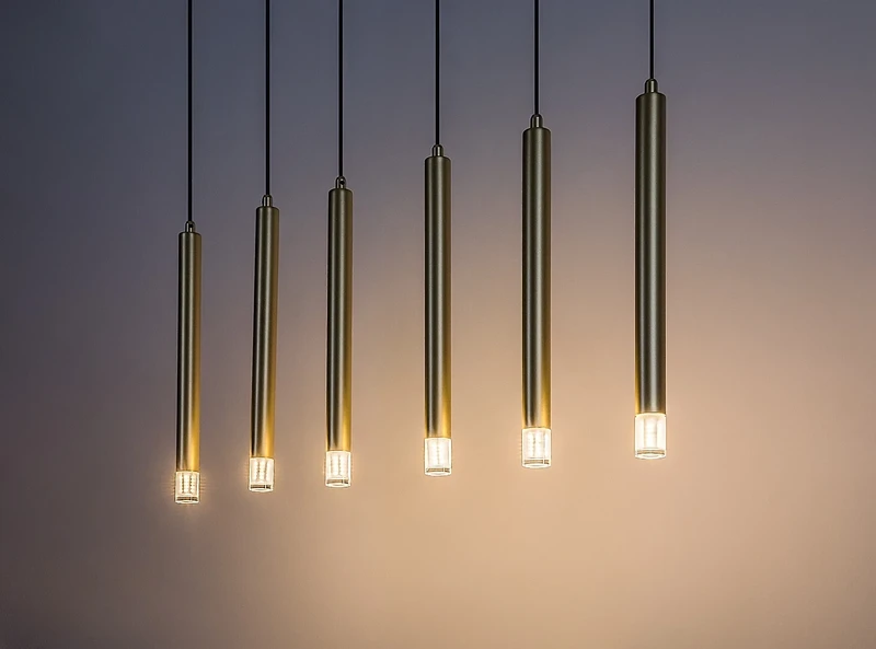 Ramira – модерен LED пендел в златно с прозрачен акрил, 770мм, 6×G9