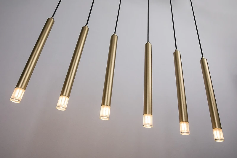 Ramira – модерен LED пендел в златно с прозрачен акрил, 770мм, 6×G9