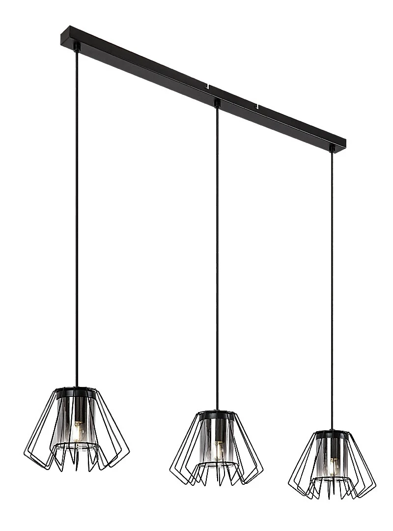 Emerencia – industrial pendant in black with smoked glass, 3×E27, 950mm
