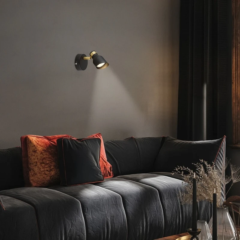 Lilou – modern wall light in gold and black matt, Ø55mm, 1×GU10
