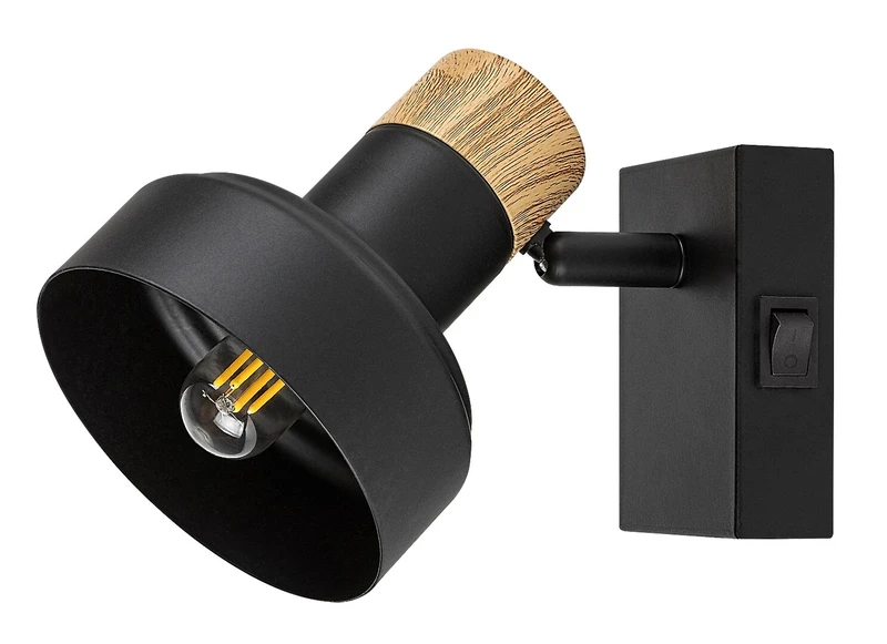 Saskia – Scandinavian spotlight in black with oak accent, Ø100mm, 1×E14