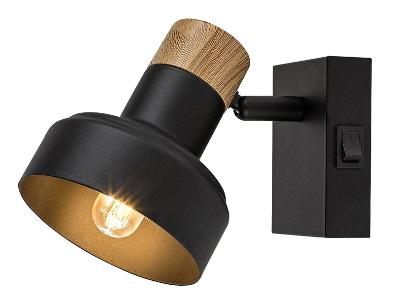 Saskia – Scandinavian spotlight in black with oak accent, Ø100mm, 1×E14