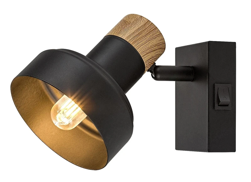 Spotlights Saskia – Scandinavian spotlight in black with oak accent, Ø100mm, 1×E14