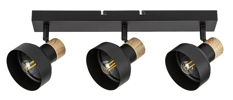 Saskia – triple spotlight lamp in black with oak, 450×100mm, 3×E14, IP20