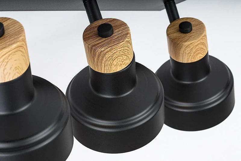 Saskia – triple spotlight lamp in black with oak, 450×100mm, 3×E14, IP20