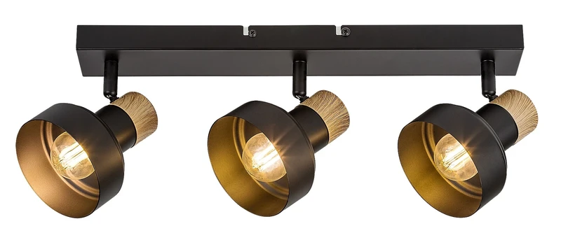 Spotlights Saskia – triple spotlight lamp in black with oak, 450×100mm, 3×E14, IP20