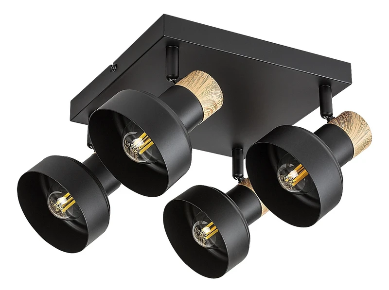 Saskia – 4-specified spotlight in black with oak accents, 375mm, 4×E14, IP20