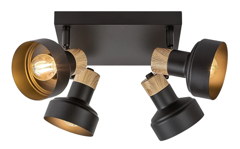 Saskia – 4-specified spotlight in black with oak accents, 375mm, 4×E14, IP20