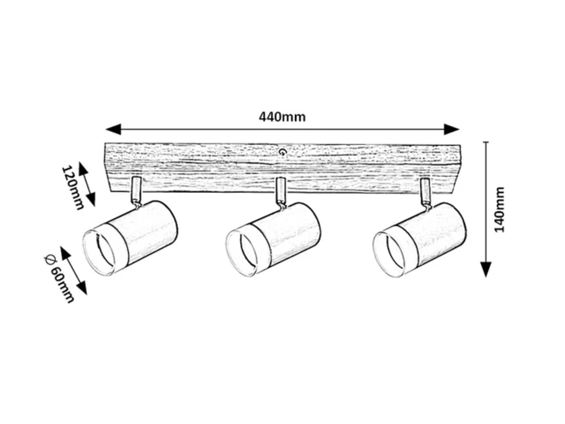 Toras – triple spotlight lamp in oak and black metal, 440mm, 3×GU10