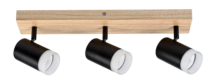Spotlights Toras – triple spotlight lamp in oak and black metal, 440mm, 3×GU10