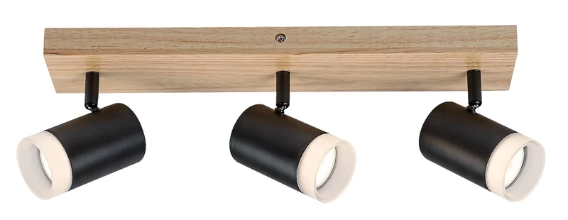 Toras – triple spotlight lamp in oak and black metal, 440mm, 3×GU10