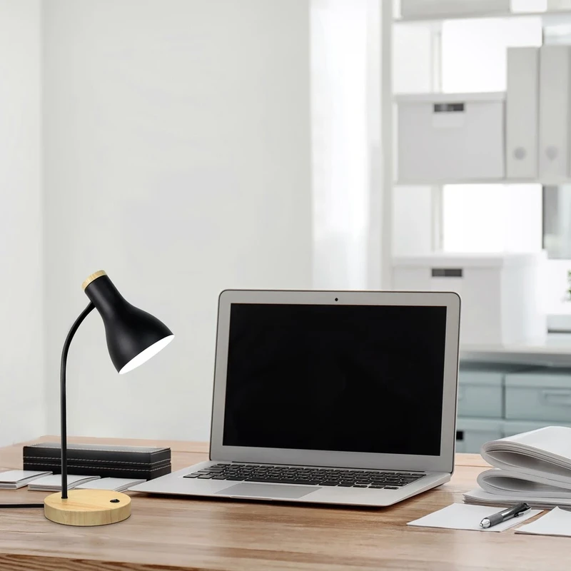 Ferb – table lamp in black matt with wood, Ø115mm, 1×E14, IP20