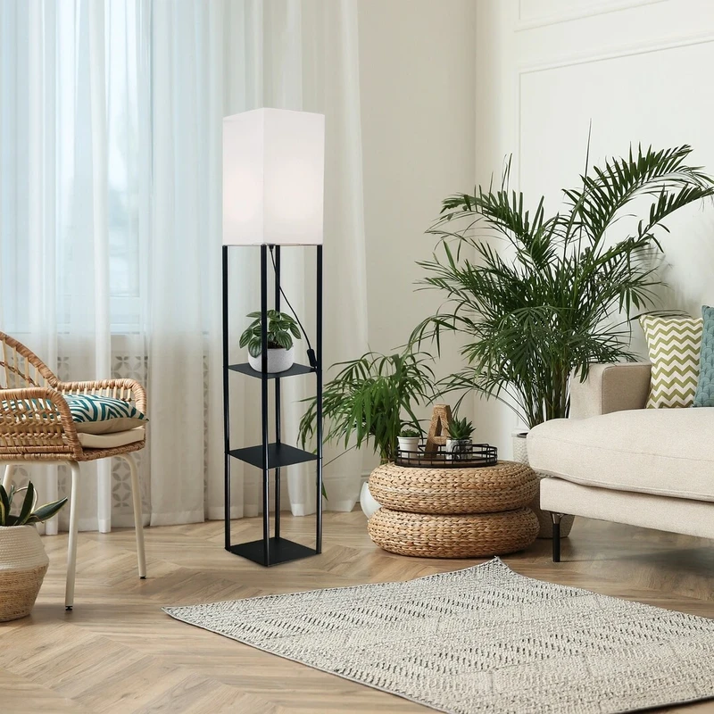 Bronn – modern floor lamp in black with white fabric shade, 1500mm, 1×E27
