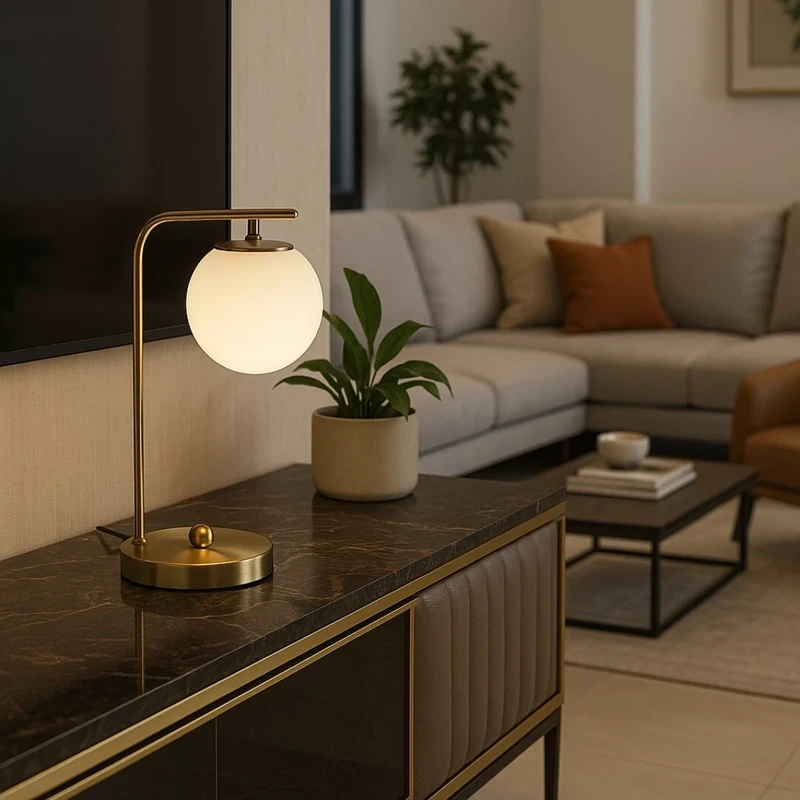Kiara – table lamp in gold with white glass shade, Ø130mm, 1×E27