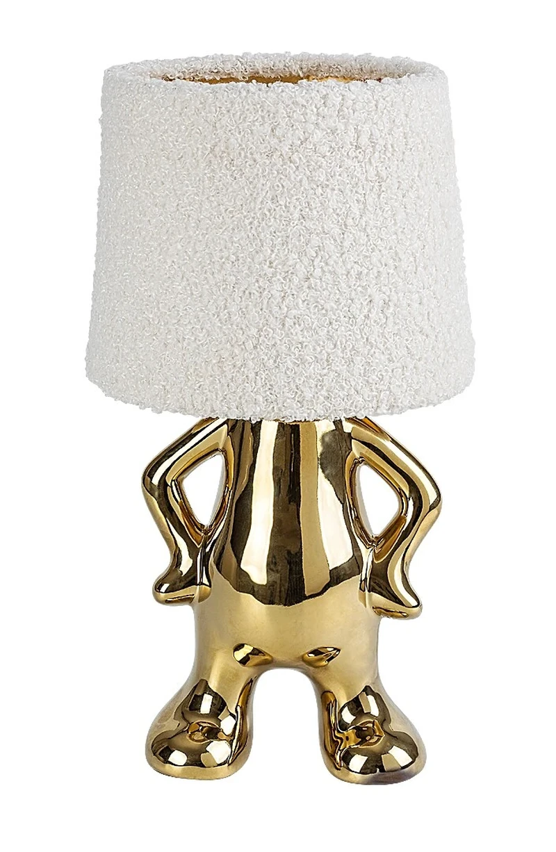 Smurfy – decorative table lamp in gold with cream fabric shade, Ø150mm, 1×E14