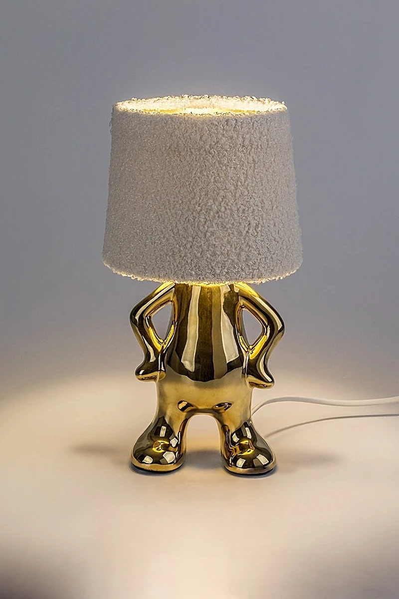 Smurfy – decorative table lamp in gold with cream fabric shade, Ø150mm, 1×E14