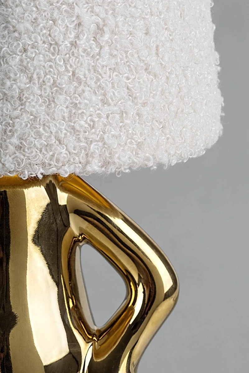 Smurfy – decorative table lamp in gold with cream fabric shade, Ø150mm, 1×E14