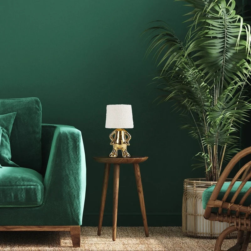Smurfy – decorative table lamp in gold with cream fabric shade, Ø150mm, 1×E14