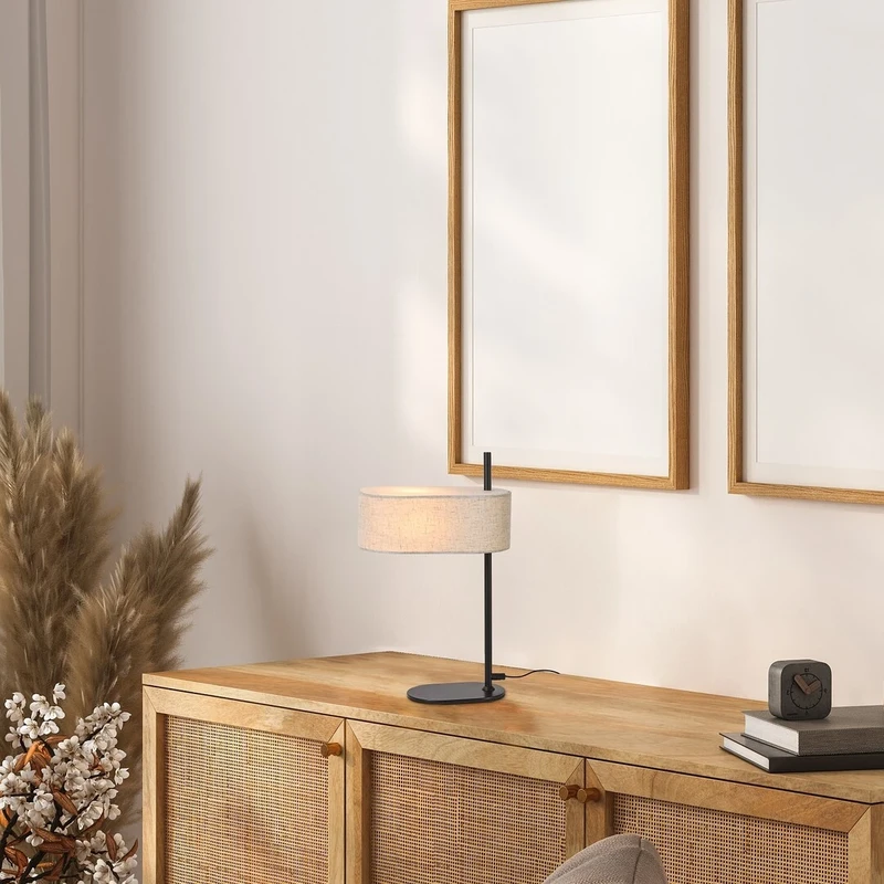 Narmin – table lamp in black matt with beige fabric shade, Ø270mm, 1×E14