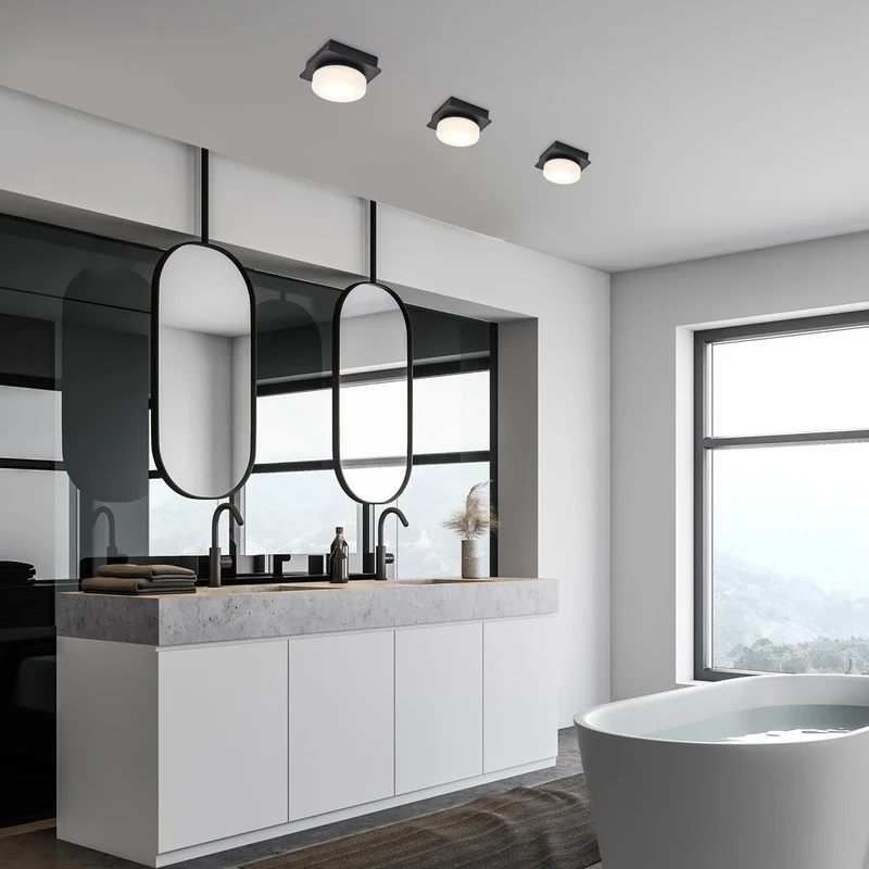 Attichus – LED ceiling light for bathroom in black matt with white shade, 130×130mm, 5W, 4000K