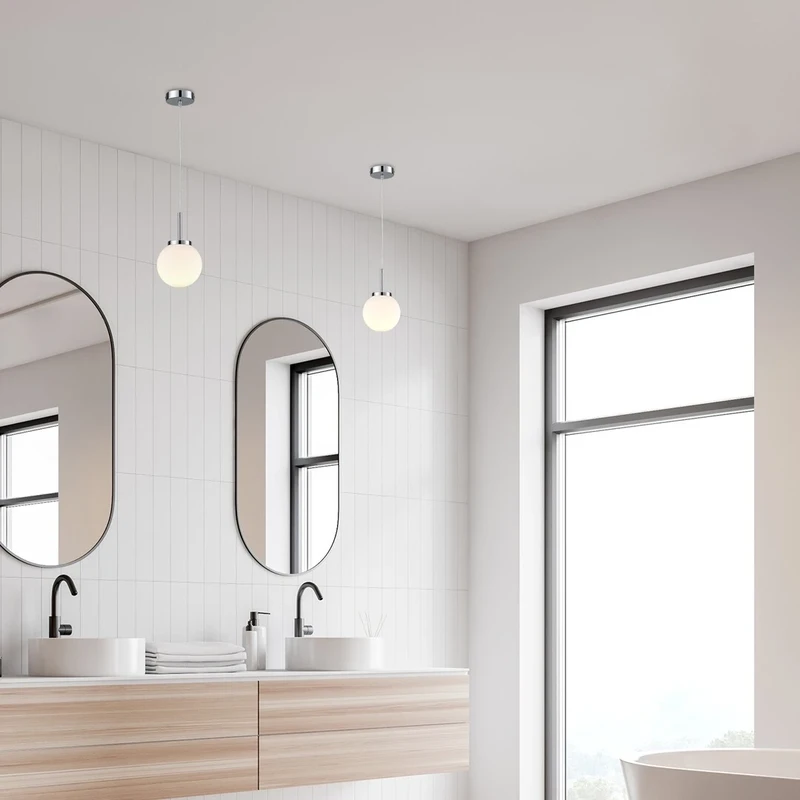 Togo – LED пендел за баня в хром с бяло стъкло, Ø150мм, 1×E14, IP44