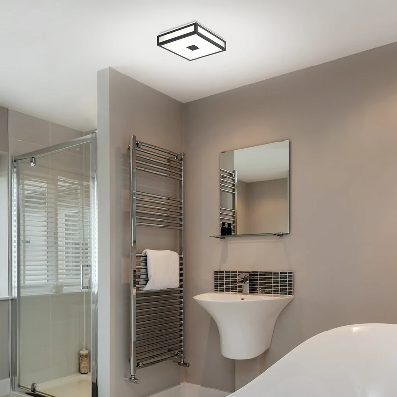 Zoya – LED ceiling light for bathroom in black with white glass, 400×400mm, 24W, 4000K, IP44