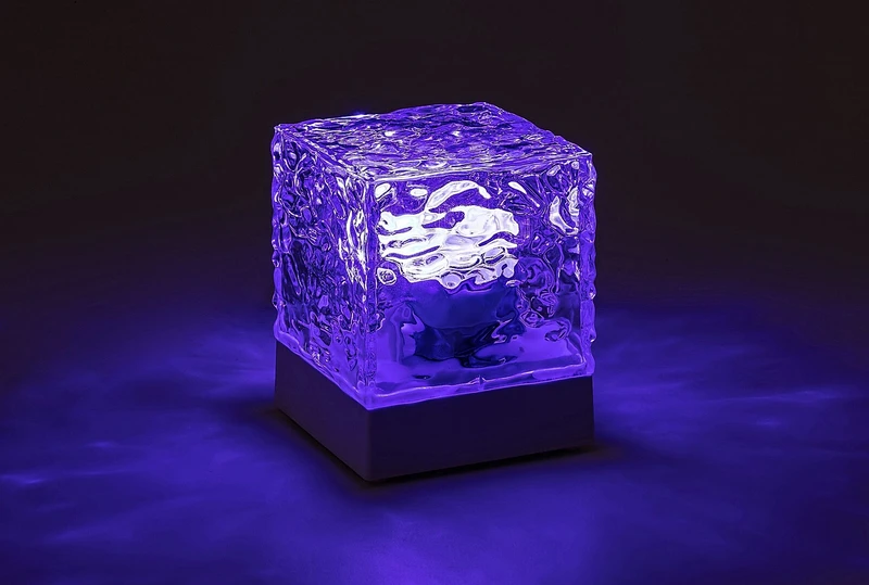 Cubiko – LED декоративна лампа в бяло с прозрачен абажур, 75×95мм, RGB, с дистанционно