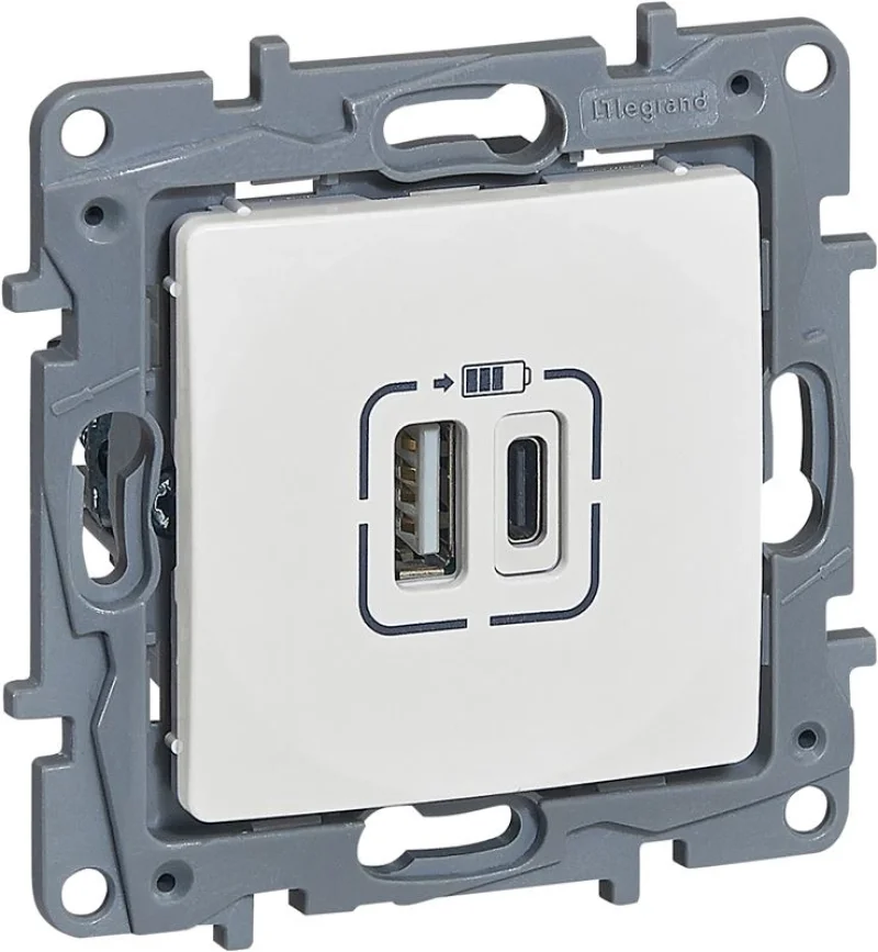 Розетка 2хUSB за зареждане тип A+C 5V 3A 15W Бял - Legrand Niloe 764597