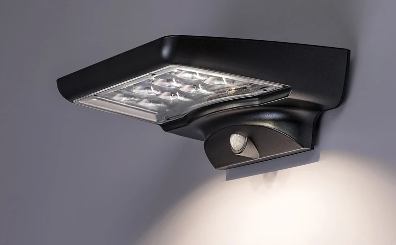 Moselle – solar LED wall light in black with motion sensor, 190×70mm, 300lm, 4000K, IP44