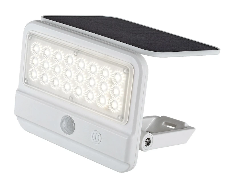 Flaxton – соларен LED аплик в бяло с датчик за движение, 145×160мм, 7W, 4000K