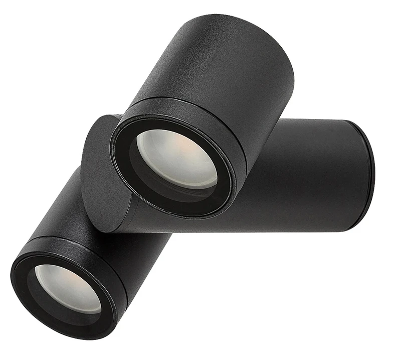 Enol – modern double facade wall light in black with clear glass, 2×GU10, IP44