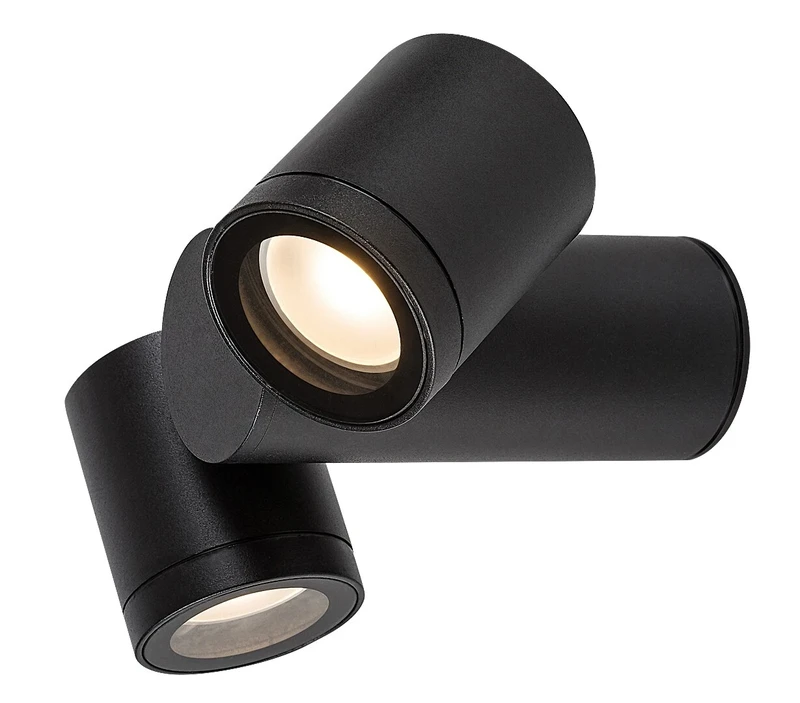 Enol – modern double facade wall light in black with clear glass, 2×GU10, IP44