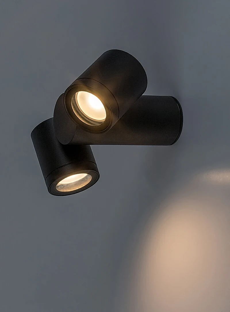 Enol – modern double facade wall light in black with clear glass, 2×GU10, IP44