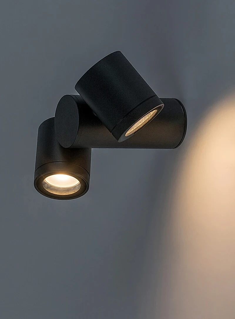 Enol – modern double facade wall light in black with clear glass, 2×GU10, IP44