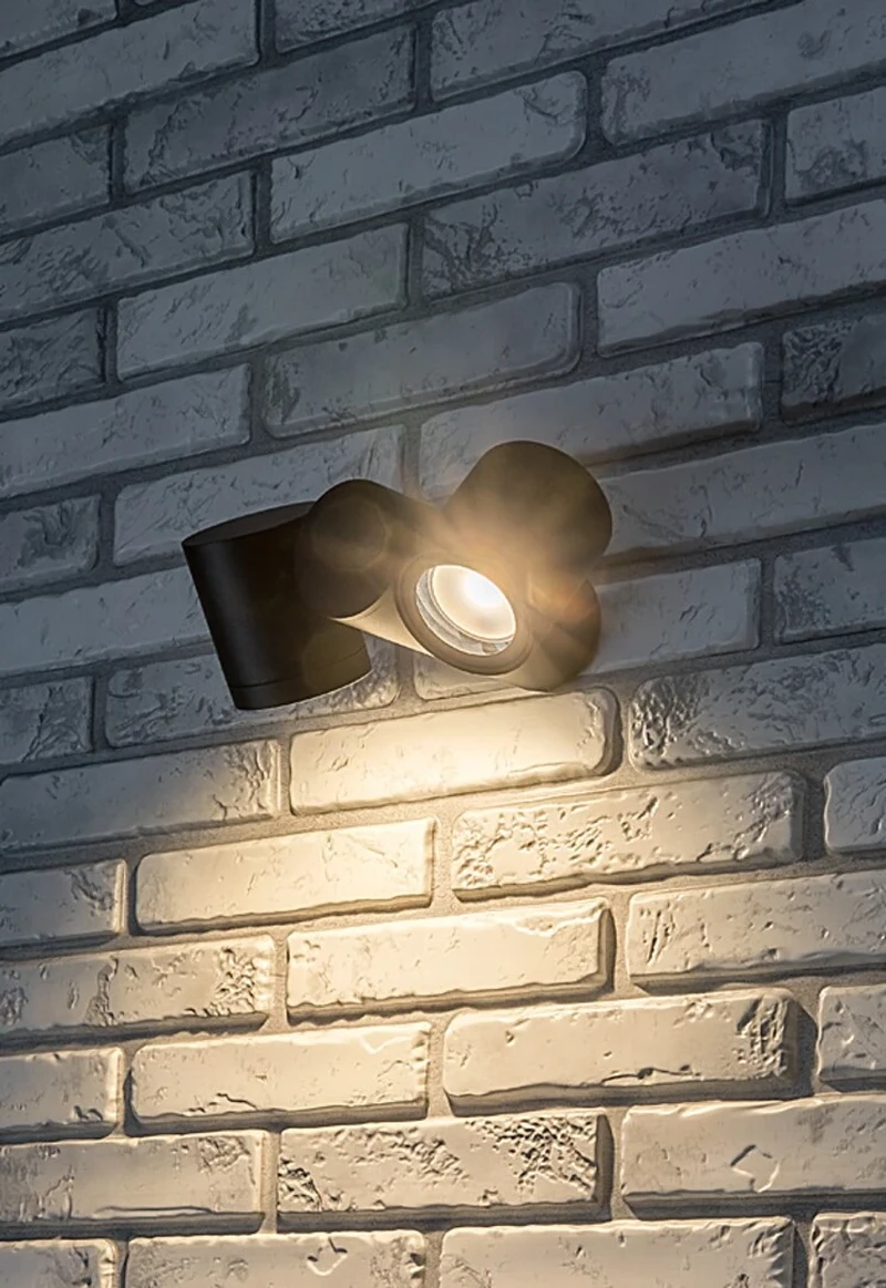 Enol – modern double facade wall light in black with clear glass, 2×GU10, IP44