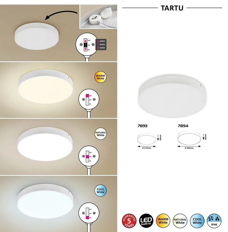 Tartu – LED плафон за тераса в бял мат, Ø300мм, 24W, 2800-6000K, IP44